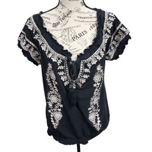 INC International Concepts Black and White Ruffled Embroidered Blouse